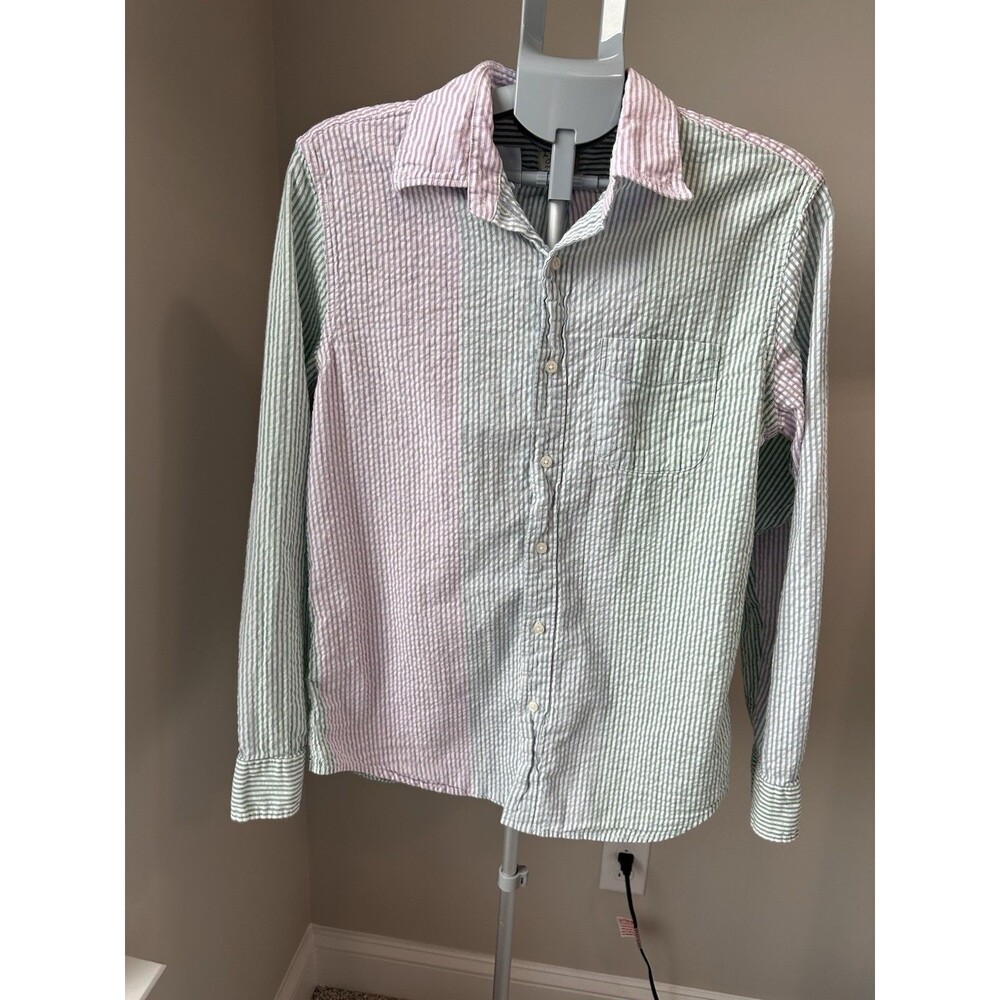 J.Crew Classic Seersucker Colorblock Shirt Pastel Purple Blue Green Mens Medium
